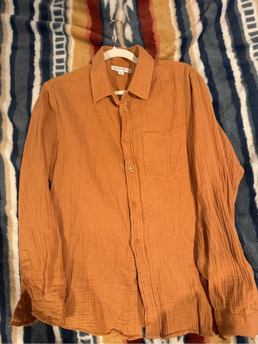 And Now Then Men's Terra Cotta Crinkle Cotton Button-Down Shirt